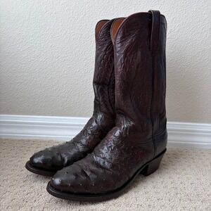LUCCHESE 1883 Full Quill Ostrich Western Boots Black Cherry Men 10D Rodeo $1400